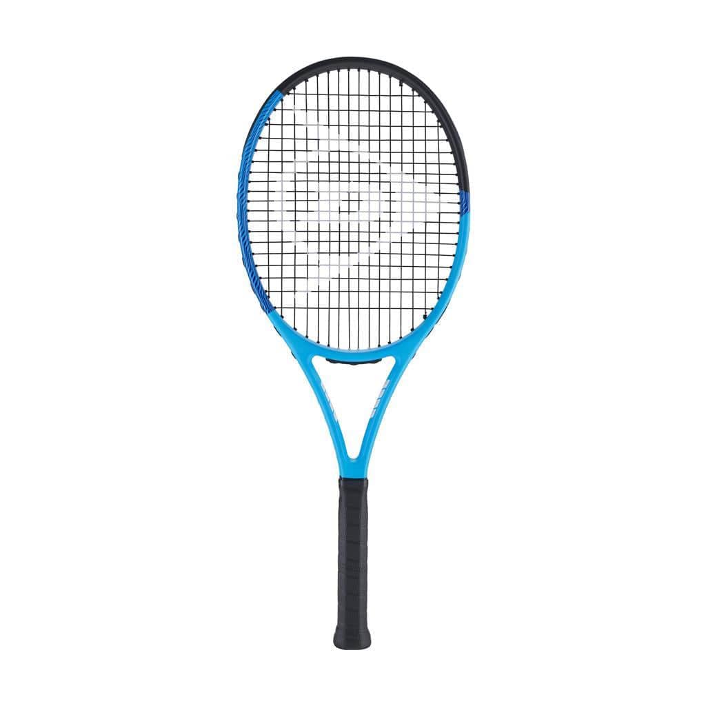 The Dunlop Tristorm Pro 255 Tennis Racket - Blue is a stylish option for beginner players. With its modern blue and black frame, textured black grip, and blue accents highlighting the crisscross string pattern, it offers a clean and sleek presentation.