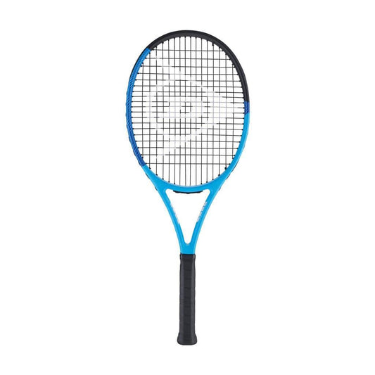 The Dunlop Tristorm Pro 255 Tennis Racket - Blue is a stylish option for beginner players. With its modern blue and black frame, textured black grip, and blue accents highlighting the crisscross string pattern, it offers a clean and sleek presentation.
