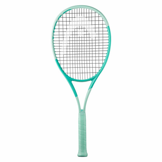 The HEAD Boom MP 2024 Alternate Tennis Racket - Mint showcases a vibrant mint and white design with black strings. Incorporating Graphene Inside, it delivers improved performance for fluid swings against the crisp white background.