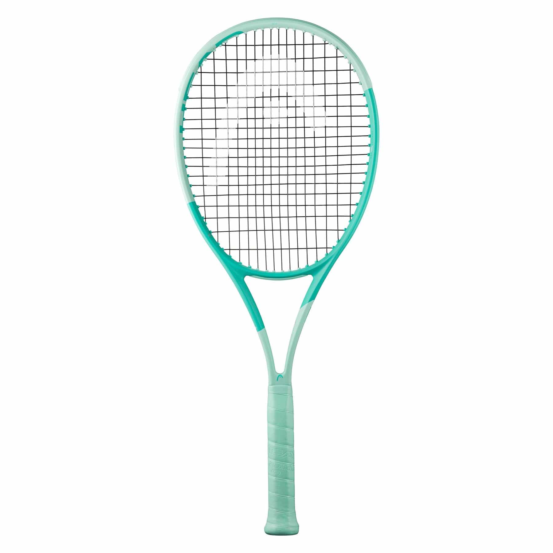 The HEAD Boom MP 2024 Alternate Tennis Racket - Mint showcases a vibrant mint and white design with black strings. Incorporating Graphene Inside, it delivers improved performance for fluid swings against the crisp white background.
