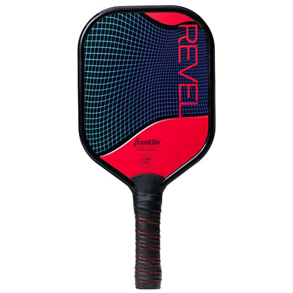 The Franklin Revel Pickleball Paddle - Red by Franklin has a black handle, red face with blue grid lines, and "REVEL" in bold on the right edge; this beginner-friendly paddle is USA Pickleball approved.