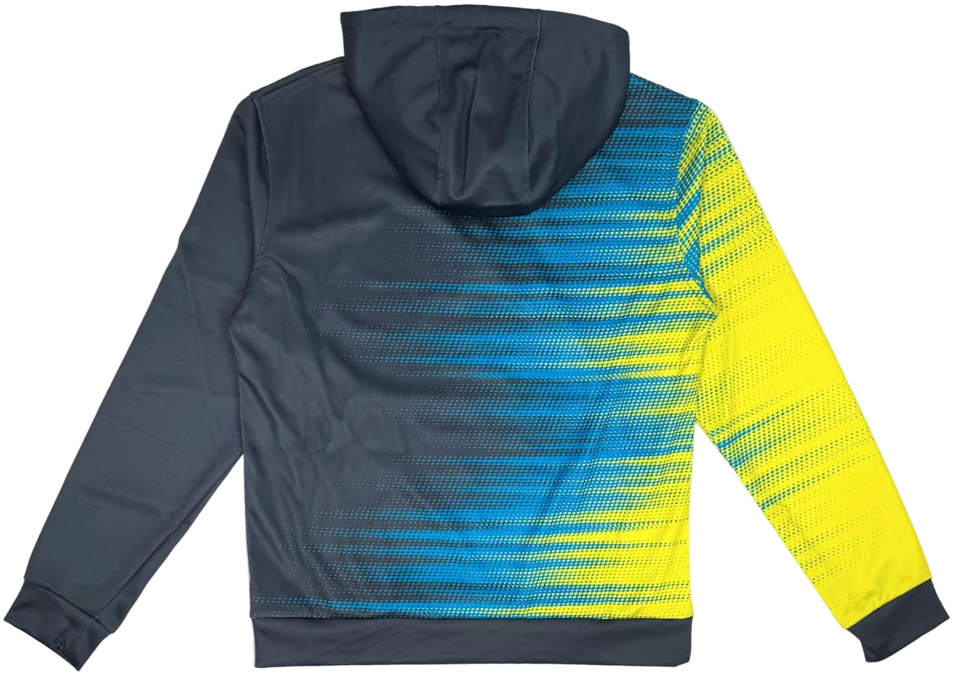 The Yonex YHD2025 Unisex Tennis Hoodie in Teal/Lime is shown from the back, featuring gradient blue-to-lime dots on the right sleeve and side. Made with Poly-Tech Knit fabric for superior style and performance.