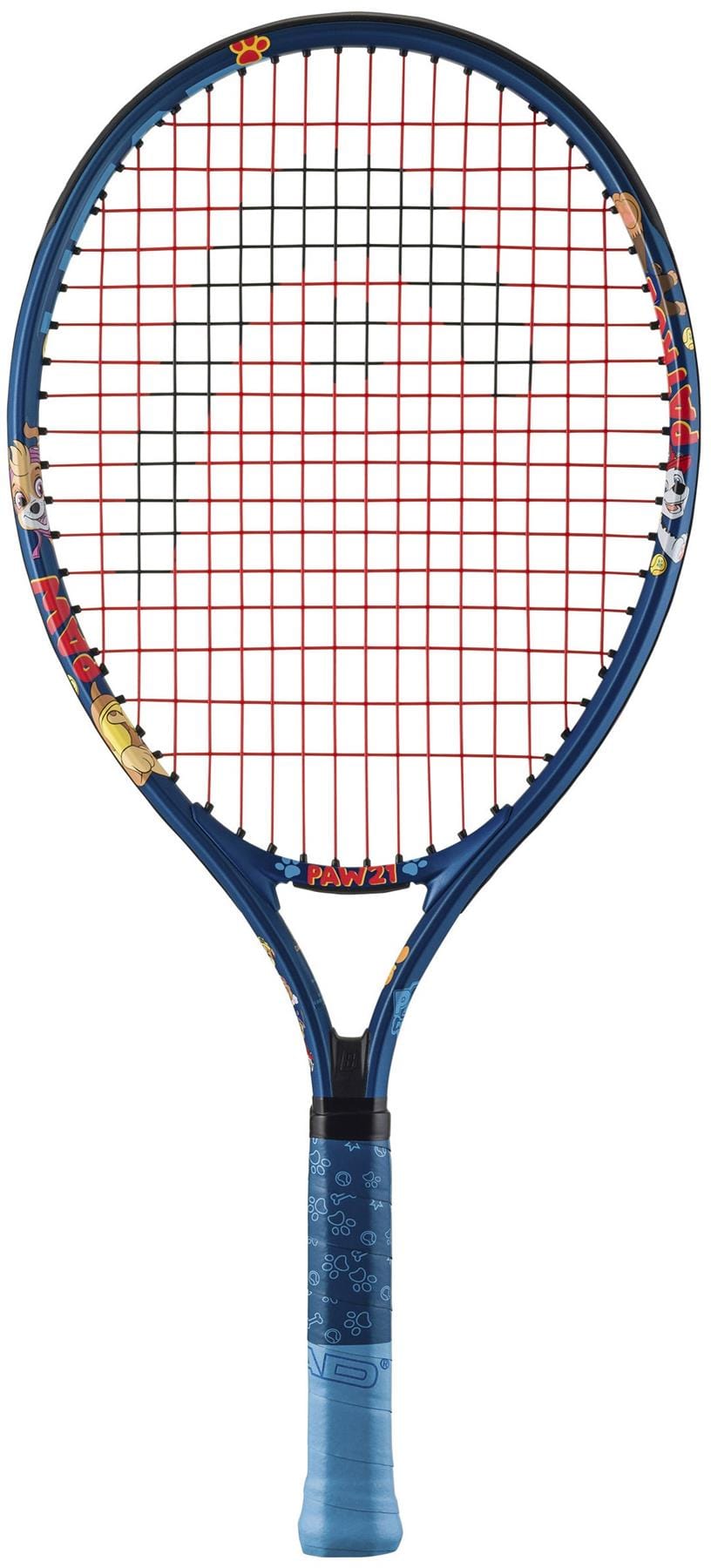 The HEAD x Paw Patrol 21 Junior Tennis Racket - Blue features a red string pattern, cartoon characters on the frame, and a light blue grip with small designs—an ideal choice for young players seeking a fun and reliable junior racket.