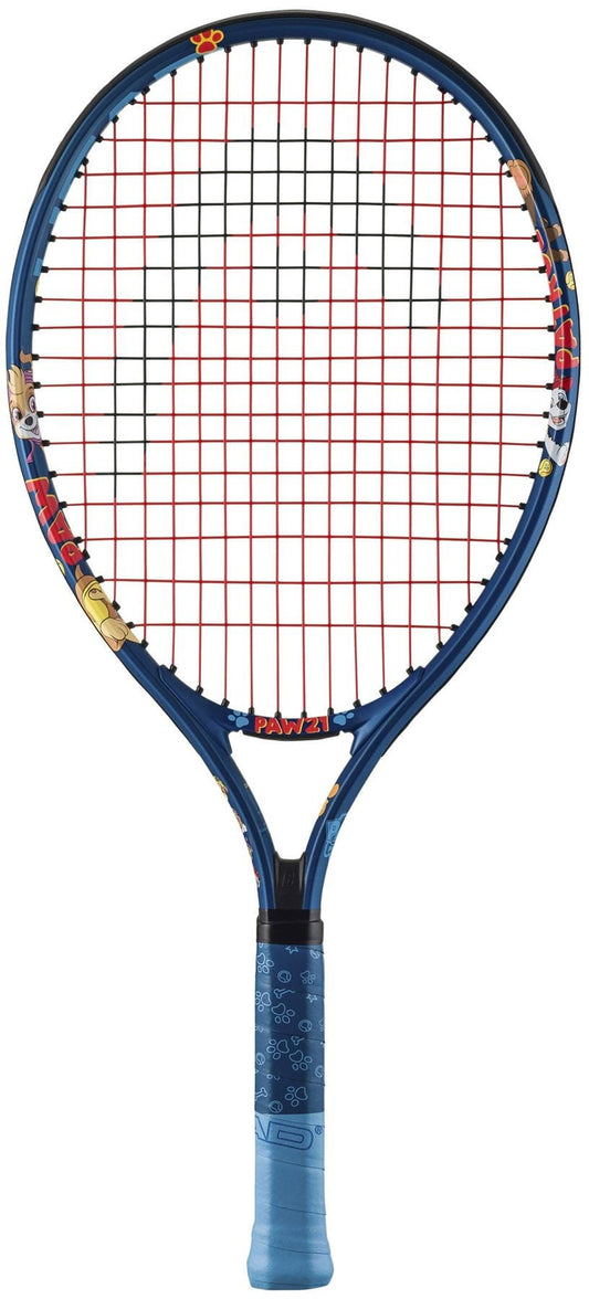 The HEAD x Paw Patrol 21 Junior Tennis Racket - Blue features a red string pattern, cartoon characters on the frame, and a light blue grip with small designs—an ideal choice for young players seeking a fun and reliable junior racket.