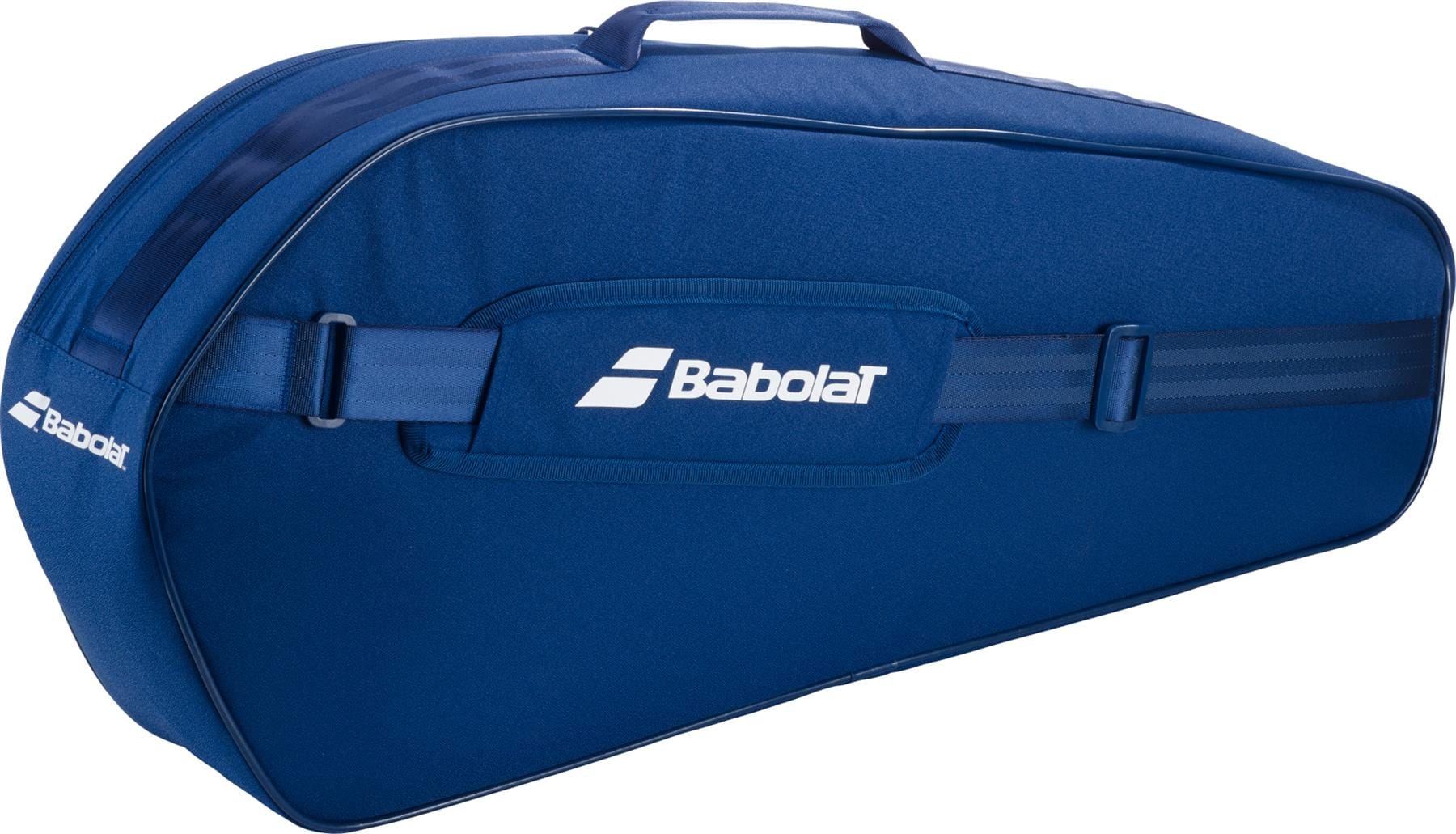 The Babolat Court XS 3 Racket Tennis Bag - Blue is a compact, elongated bag with a top handle and white Babolat logo on the front and side, designed to easily carry tennis racquets.