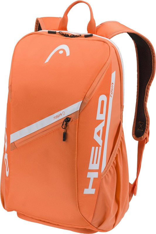 The HEAD Tour 25L Tennis Backpack - Orange features a white logo, top handle, padded adjustable straps, front zippered pocket, side pockets, and an angular modern design—ideal as a racket bag.