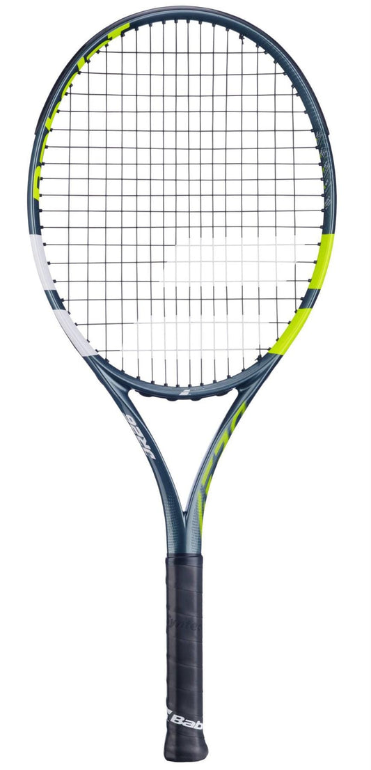 The Babolat Aero Junior 26 Tennis Racket 2026 by Babolat features a black and neon yellow graphite composite frame with white accents and a black grip, shown against a plain white background.