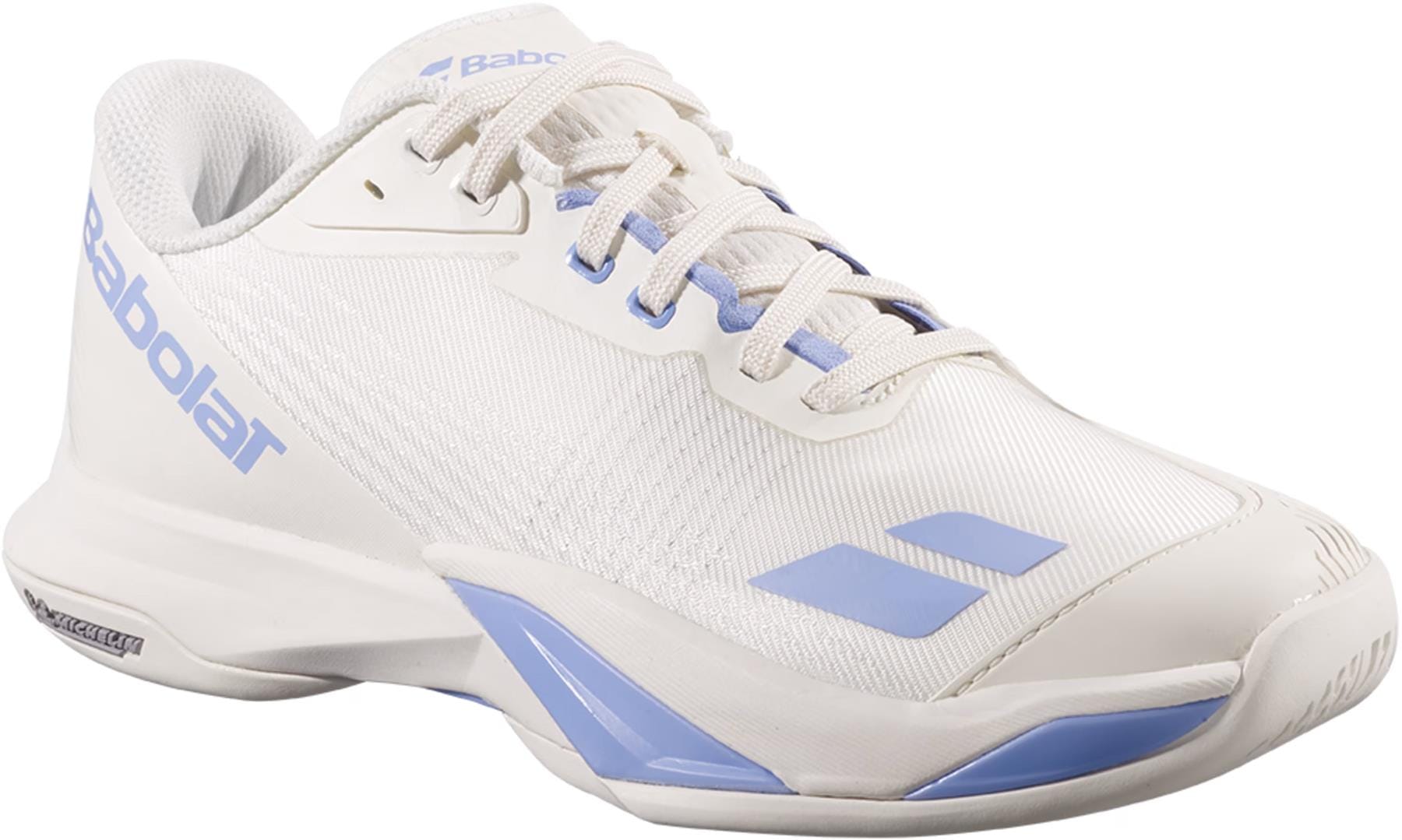 The Babolat Jet Mach 4 All Court Women's Tennis Shoes in Lavender/White offer superior agility and athletic performance on court, featuring a textured sole, white laces, and stylish accents from the trusted Babolat brand.