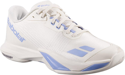 The Babolat Jet Mach 4 All Court Women's Tennis Shoes in Lavender/White offer superior agility and athletic performance on court, featuring a textured sole, white laces, and stylish accents from the trusted Babolat brand.