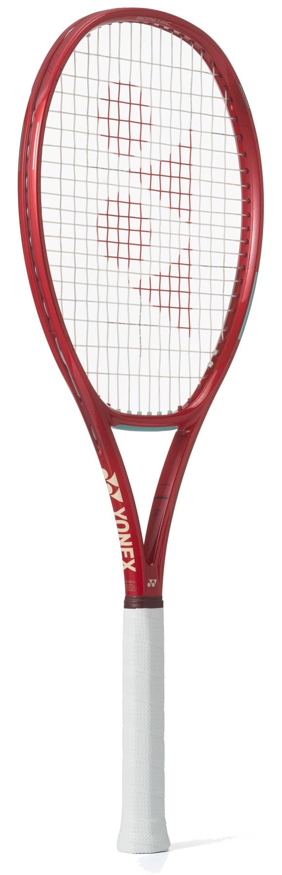 The Yonex VCORE 98 Ruby Red 2026 Tennis Racket features a sleek red frame with white strings, a white grip, and is engineered by Yonex for modern performance and maximum spin.