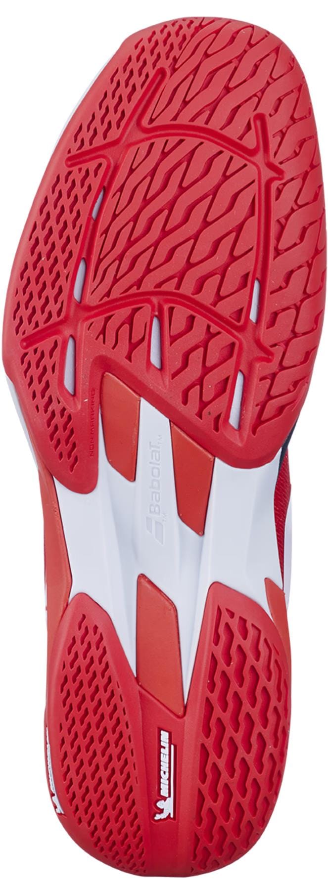 Close-up of the red and white sole on the Babolat Jet Mach 4 All Court Mens Tennis Shoes in Cherry Tomato/White, highlighting detailed tread patterns and Michelin logo—ideal for those who want responsive tennis footwear.
