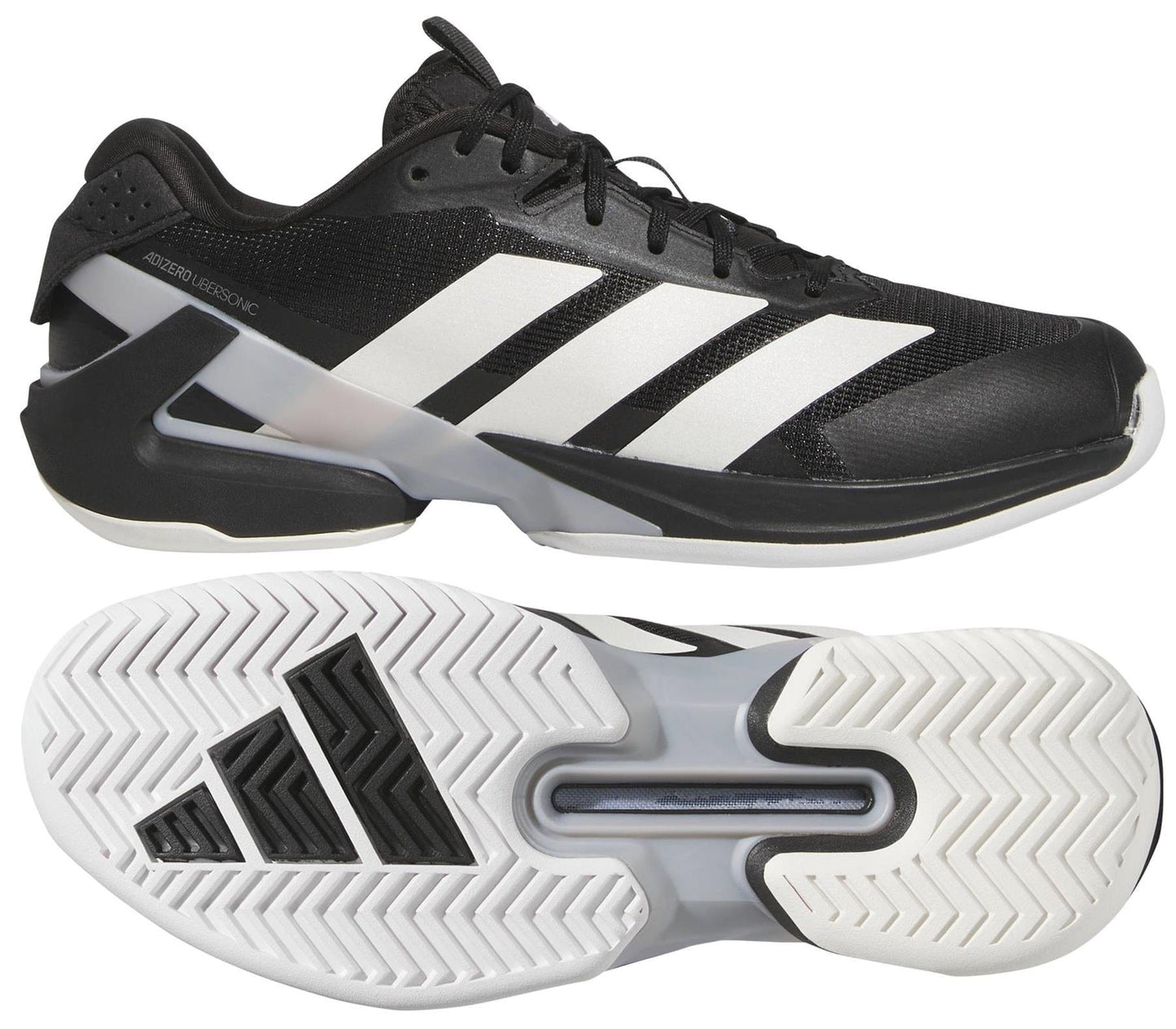 Two views of the adidas Adizero Ubersonic 5 Men's Tennis Shoes in black: a side view with three white stripes, and a sole view featuring a patterned white sole with black details—ideal for tennis courts.
