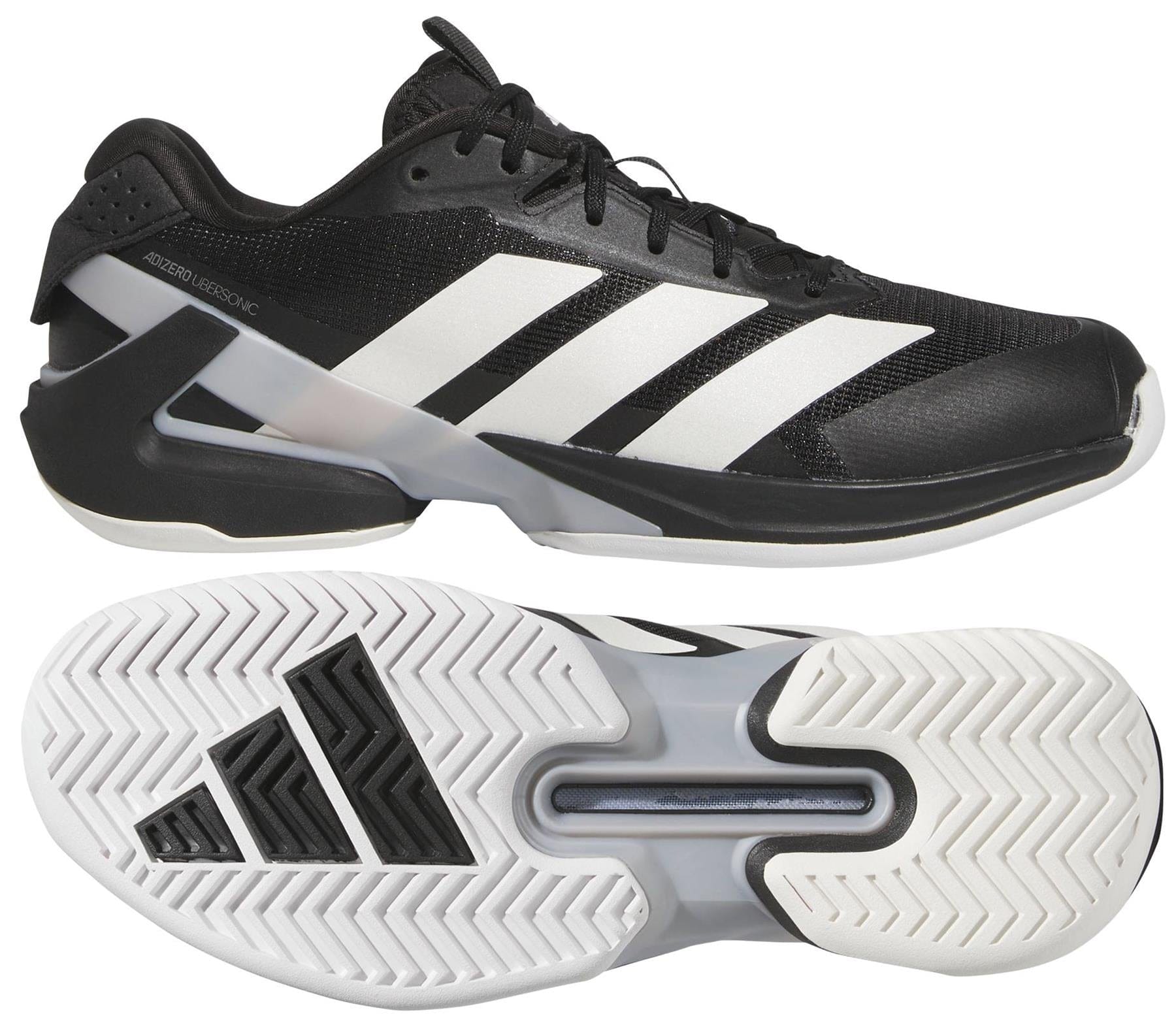 Two views of the adidas Adizero Ubersonic 5 Men's Tennis Shoes in black: a side view with three white stripes, and a sole view featuring a patterned white sole with black details—ideal for tennis courts.