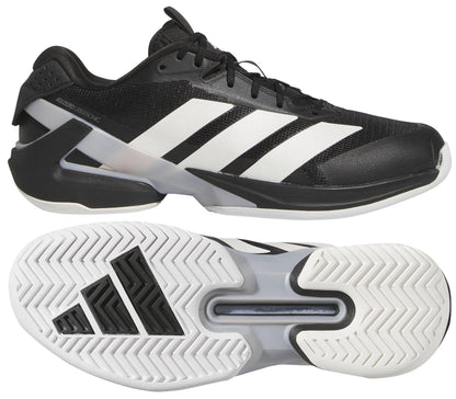 Two views of the adidas Adizero Ubersonic 5 Men's Tennis Shoes in black: a side view with three white stripes, and a sole view featuring a patterned white sole with black details—ideal for tennis courts.
