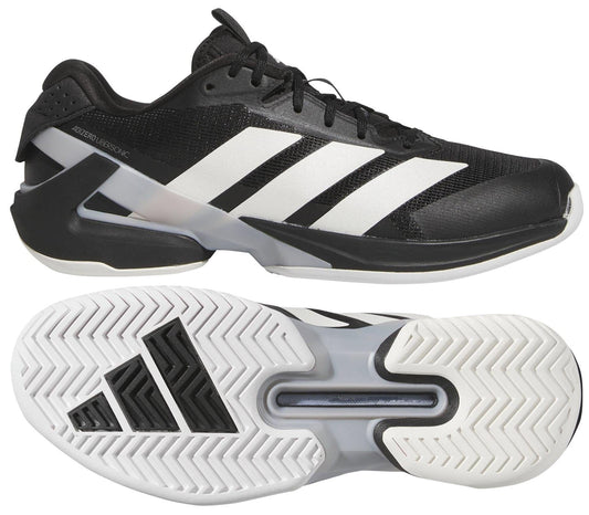 Two views of the adidas Adizero Ubersonic 5 Men's Tennis Shoes in black: a side view with three white stripes, and a sole view featuring a patterned white sole with black details—ideal for tennis courts.