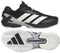 Two views of the adidas Adizero Ubersonic 5 Men's Tennis Shoes in black: a side view with three white stripes, and a sole view featuring a patterned white sole with black details—ideal for tennis courts.