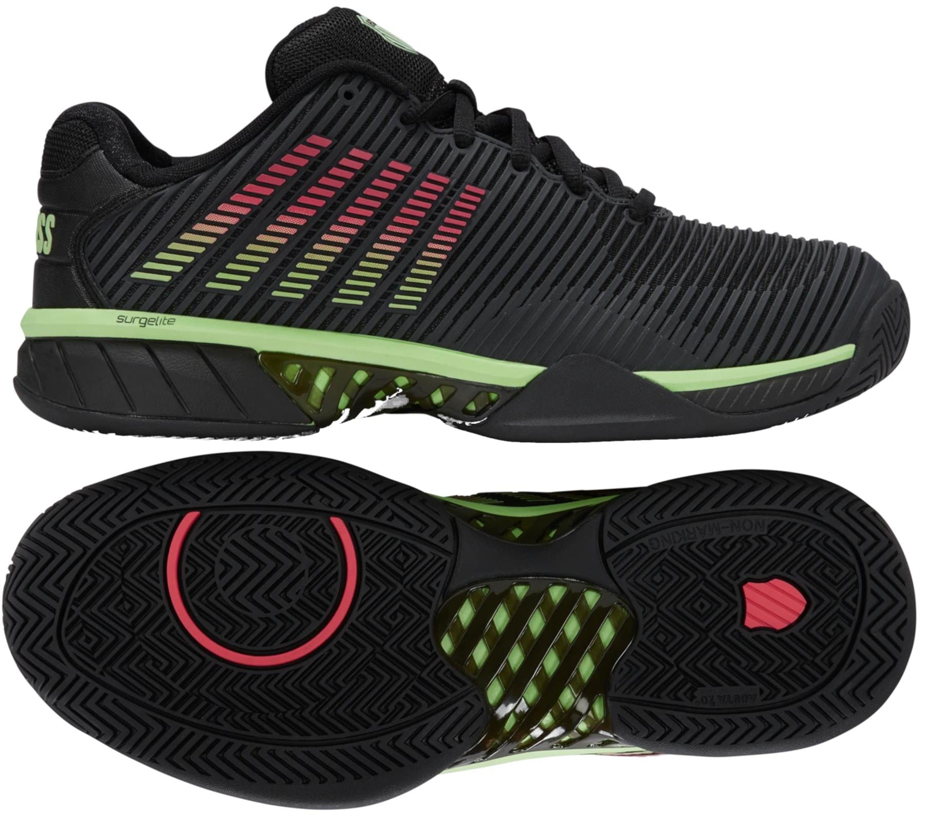 The K-Swiss Hypercourt Express 2 Men's Tennis Shoes in Black/Soft Neon Green/Neon Lava feature green and red gradient stripes, lime accents, and a textured black sole with circular grips—shown from side and bottom views as stylish tennis footwear.
