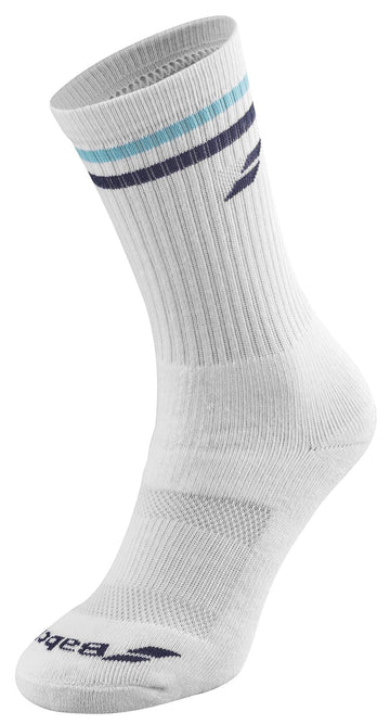The Babolat Men's Team Single Tennis Socks in White and Estate Blue feature light blue and dark blue stripes near the top, combining style with breathability. They have a ribbed texture with a small Babolat logo on the side near the ankle and toe area.