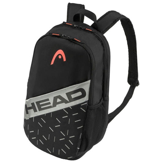 The HEAD Team 21L Tennis Backpack - BKCC, offered by the brand HEAD, comes in a sleek black and gray color scheme with orange accents and the signature "HEAD" logo. It boasts multiple compartments, including one that's padded for added protection. The backpack also features a convenient mesh side pocket and adjustable shoulder straps for enhanced comfort.
