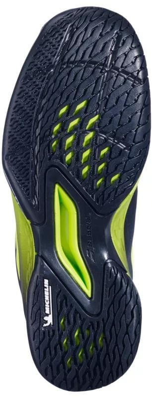 The image displays the sole of the Babolat Propulse Junior 3 All Court Boys Tennis Shoes in Black/Aero, featuring a black and neon green Michelin outsole with a textured grip and visible Michelin branding near the heel.