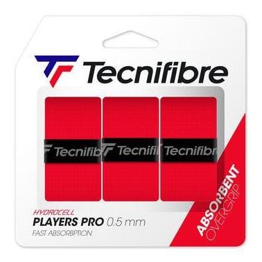 The Tecnifibre Players Pro Tennis Overgrip - 3 Pack - Red features three red overgrips with black branding and a "Hydrocell" label, designed for optimal absorption and exceptional playing comfort.