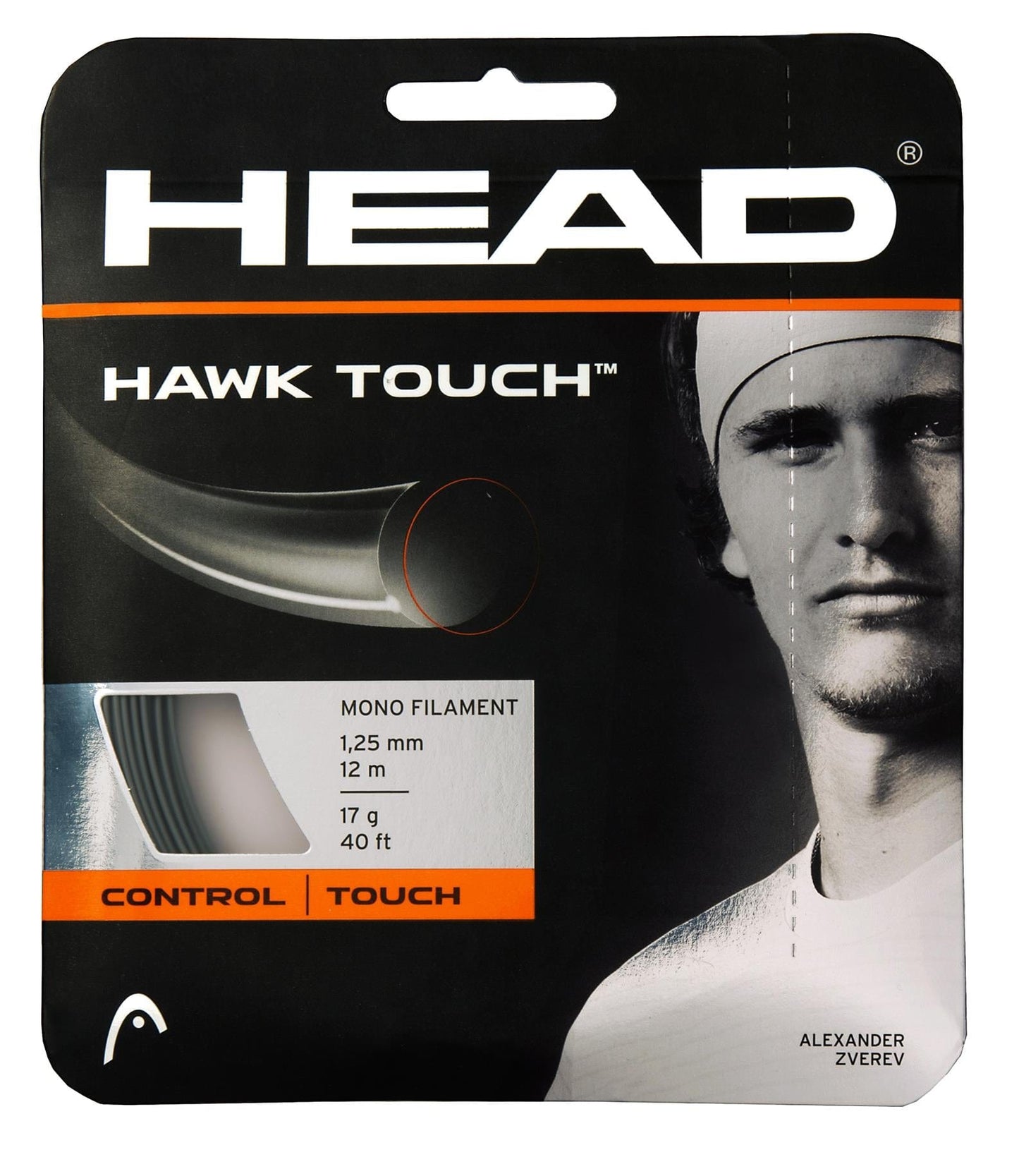 The packaging of the HEAD Hawk Touch Tennis String Set in Anthracite Grey displays a black and white image with string specifications, including its monofilament construction, 1.25 mm diameter, 12 m length, 17 g weight, and 40 ft length. Emphasizing "CONTROL" and "TOUCH," it incorporates Crystal Core Technology to enhance performance.