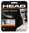 The packaging of the HEAD Hawk Touch Tennis String Set in Anthracite Grey displays a black and white image with string specifications, including its monofilament construction, 1.25 mm diameter, 12 m length, 17 g weight, and 40 ft length. Emphasizing "CONTROL" and "TOUCH," it incorporates Crystal Core Technology to enhance performance.