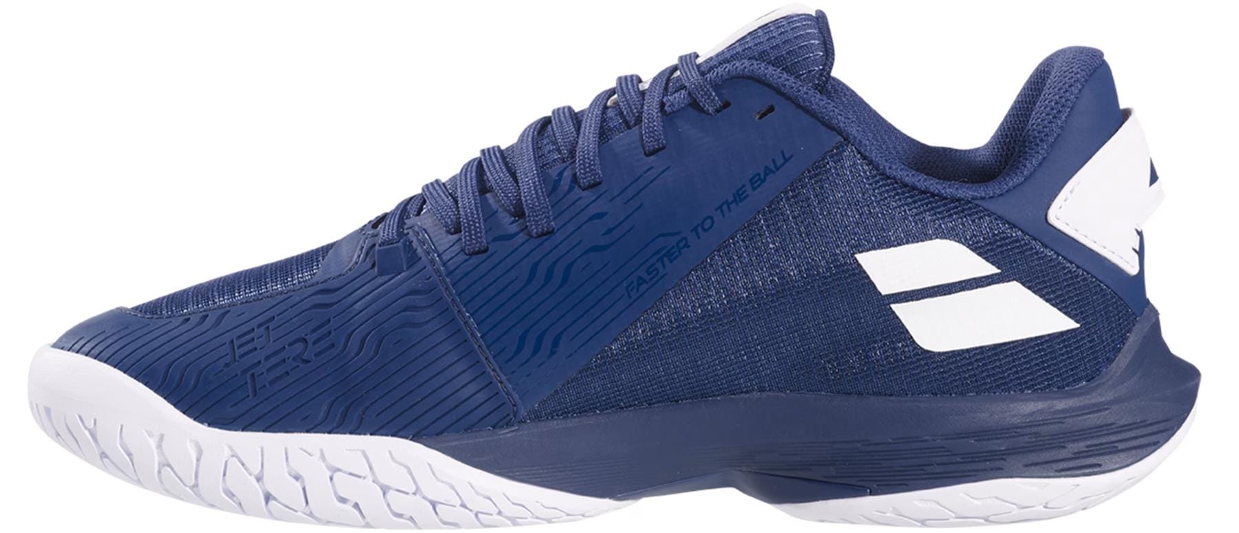 The Babolat Jet Tere 2 Premium All Court Men's Tennis Shoe in dark blue features white accents, a textured sole, and "FASTER TO THE BALL" on the side. Made from mesh and synthetics for lightweight performance by Babolat.