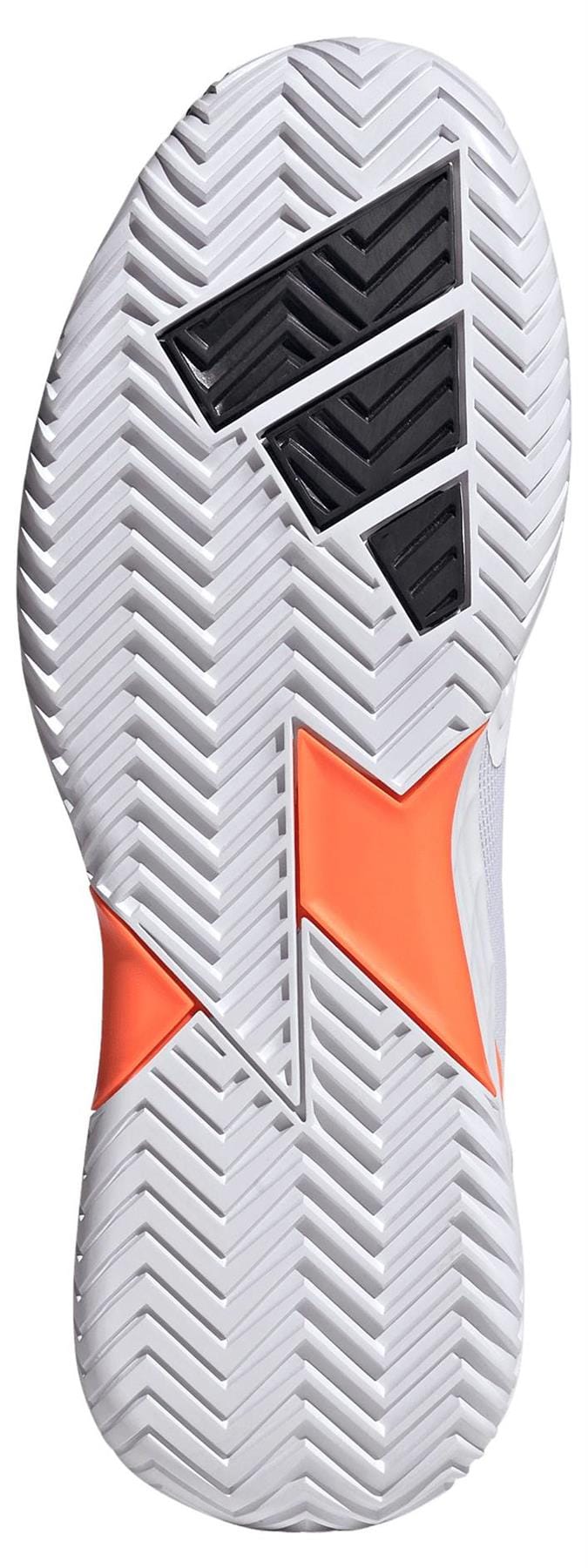 The image displays the adidas Defiant Speed 2 Men's Tennis Shoes in White/Orange, featuring a white herringbone sole with black traction details and an orange geometric design—ideal for players seeking lightweight tennis footwear.