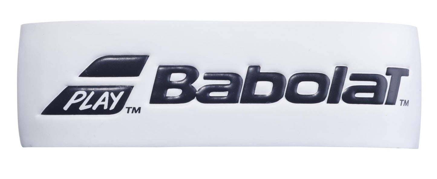A close-up of a white Babolat wristband, showcasing the black logo, is reminiscent of the absorbent grip on the Babolat Syntec Pro X1 Replacement Tennis Grip. The stylized word "PLAY" with an arrow on the left side adds a dynamic flair to this essential tennis accessory.