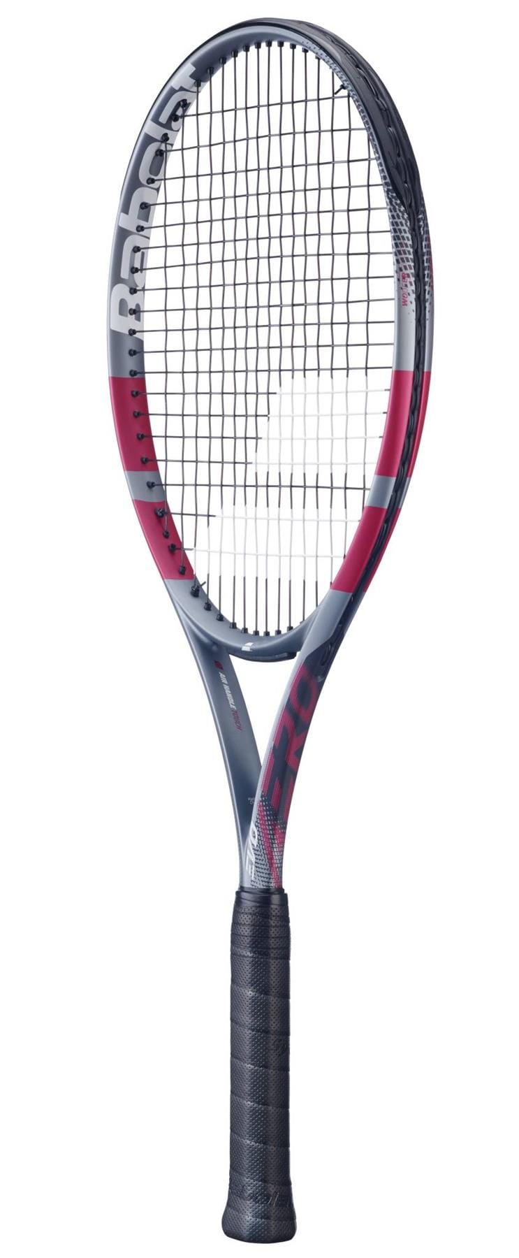 A pink Babolat Evo Aero Pink 2026 tennis racket, designed for intermediate to advanced players, is displayed upright against a white background.