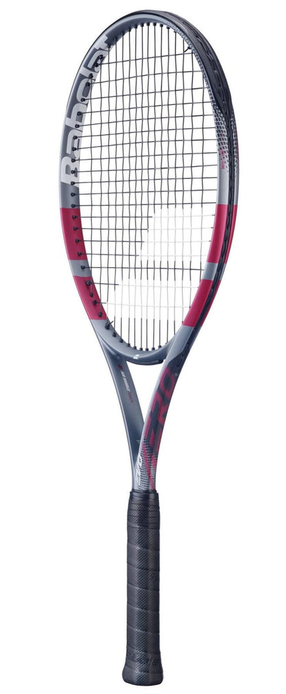 A pink Babolat Evo Aero Pink 2026 tennis racket, designed for intermediate to advanced players, is displayed upright against a white background.
