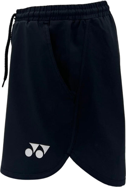 The Yonex YST2024 Womens Tennis Shorts in black feature an elastic waistband, drawstring, white Yonex logo on the lower left leg, and are made from breathable sports fabric for court comfort.