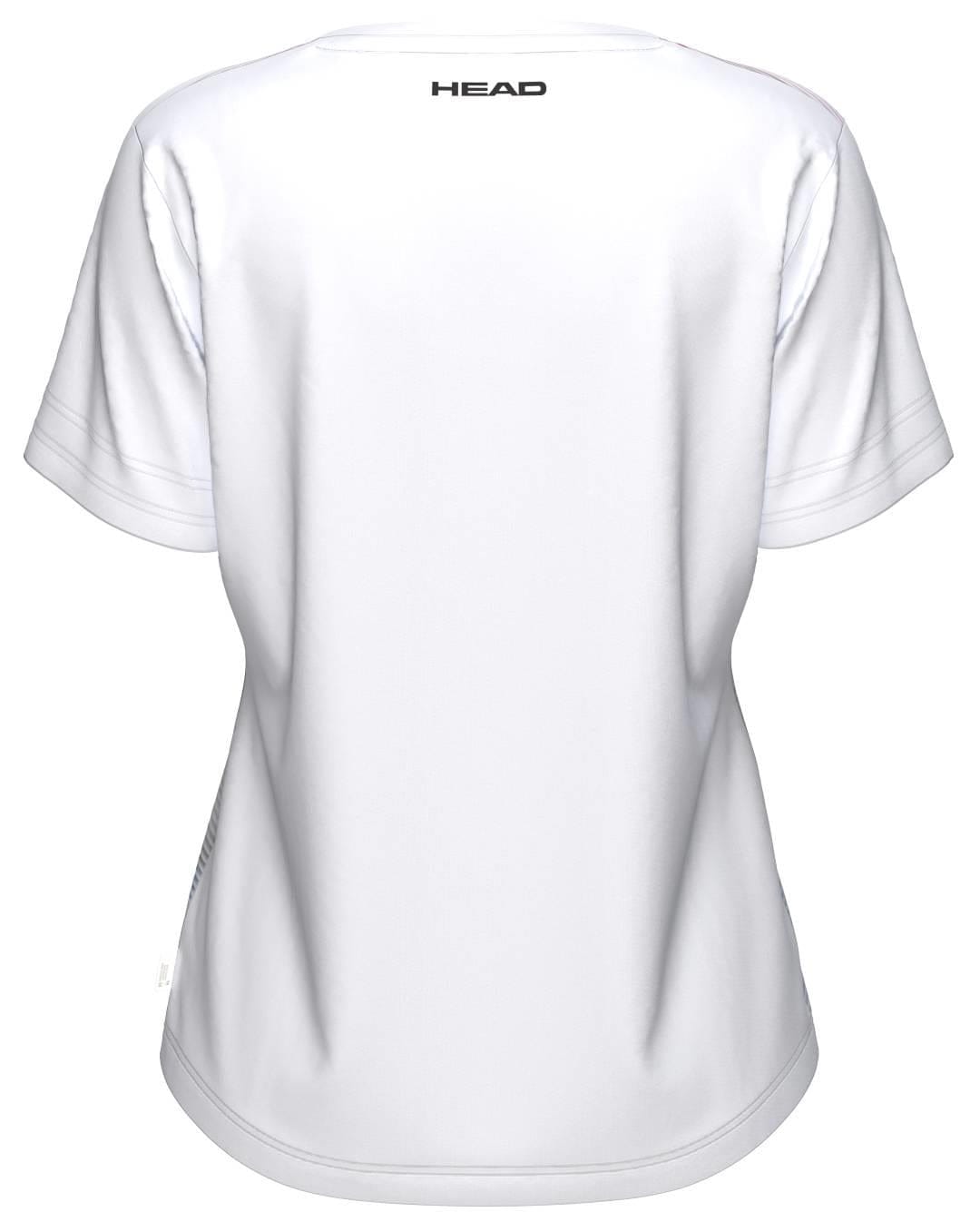Back view of a plain white HEAD Tie-Break II Women's Tennis T-Shirt - LBXW with "HEAD" in black near the collar. This HEAD design is moisture-wicking and tailored for a flattering female fit.