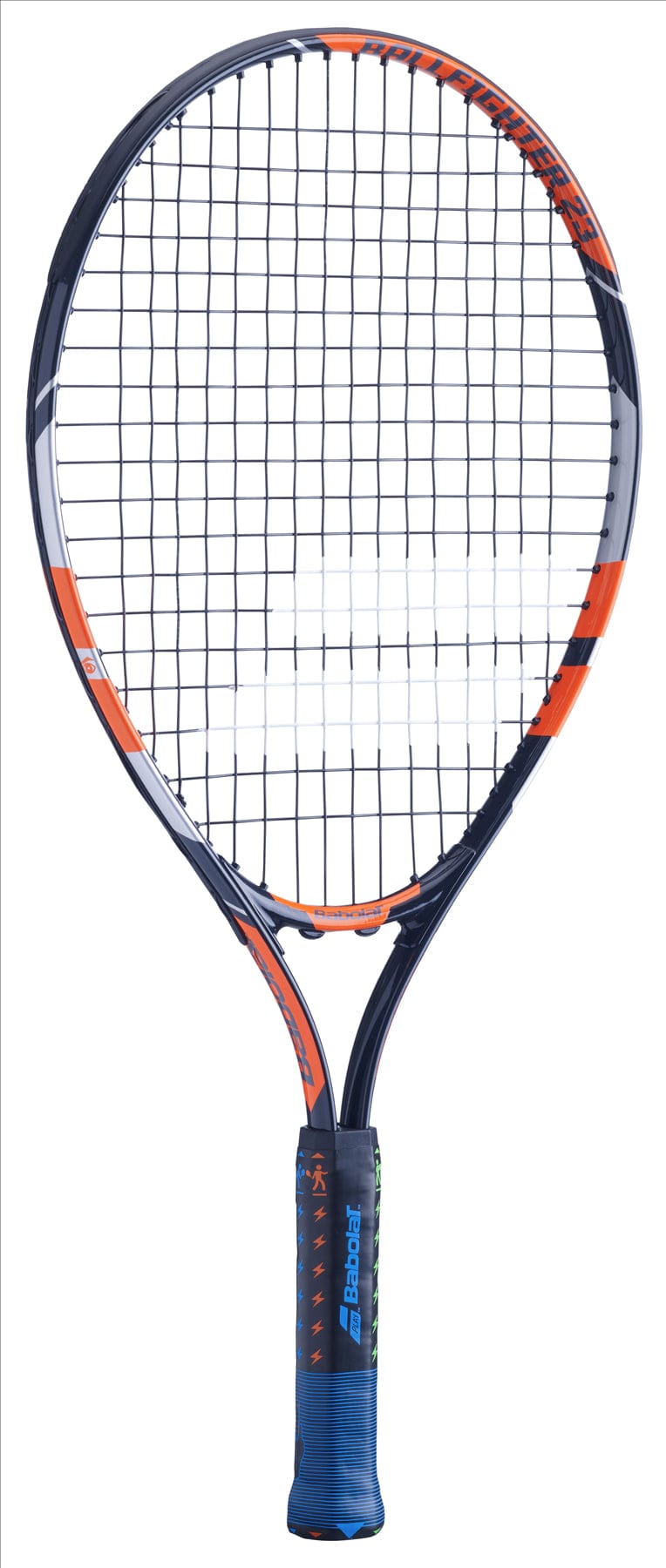 The Babolat Ballfighter 23 Junior Tennis Racket, designed for beginners, showcases a vibrant black, orange, and grey frame. Its tightly woven strings and prominently displayed Babolat logo contribute to its modern sporty appeal, making it perfect for young players embarking on their tennis adventure.