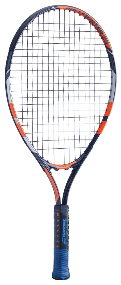 The Babolat Ballfighter 23 Junior Tennis Racket, designed for beginners, showcases a vibrant black, orange, and grey frame. Its tightly woven strings and prominently displayed Babolat logo contribute to its modern sporty appeal, making it perfect for young players embarking on their tennis adventure.