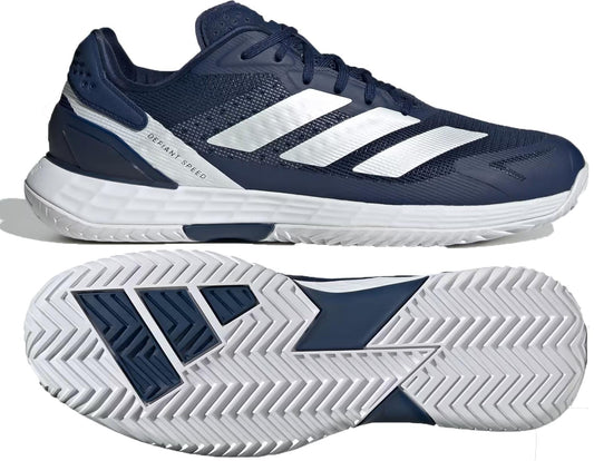 The adidas Defiant Speed 2 Men's Tennis Shoes in Dark Blue/Zero Metallic/Cloud White feature signature three stripes, lightweight construction, and a geometric zigzag-pattern sole for enhanced grip.