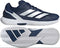The adidas Defiant Speed 2 Men's Tennis Shoes in Dark Blue/Zero Metallic/Cloud White feature signature three stripes, lightweight construction, and a geometric zigzag-pattern sole for enhanced grip.