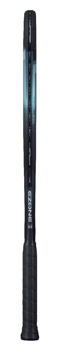 The Yonex EZONE 100L Tennis Racket in Aqua Night Black is positioned upright, with its strings oriented sideways. The black grip-wrapped handle complements the "Ezone 100" inscription on the neck, and its sleek design radiates modern elegance.