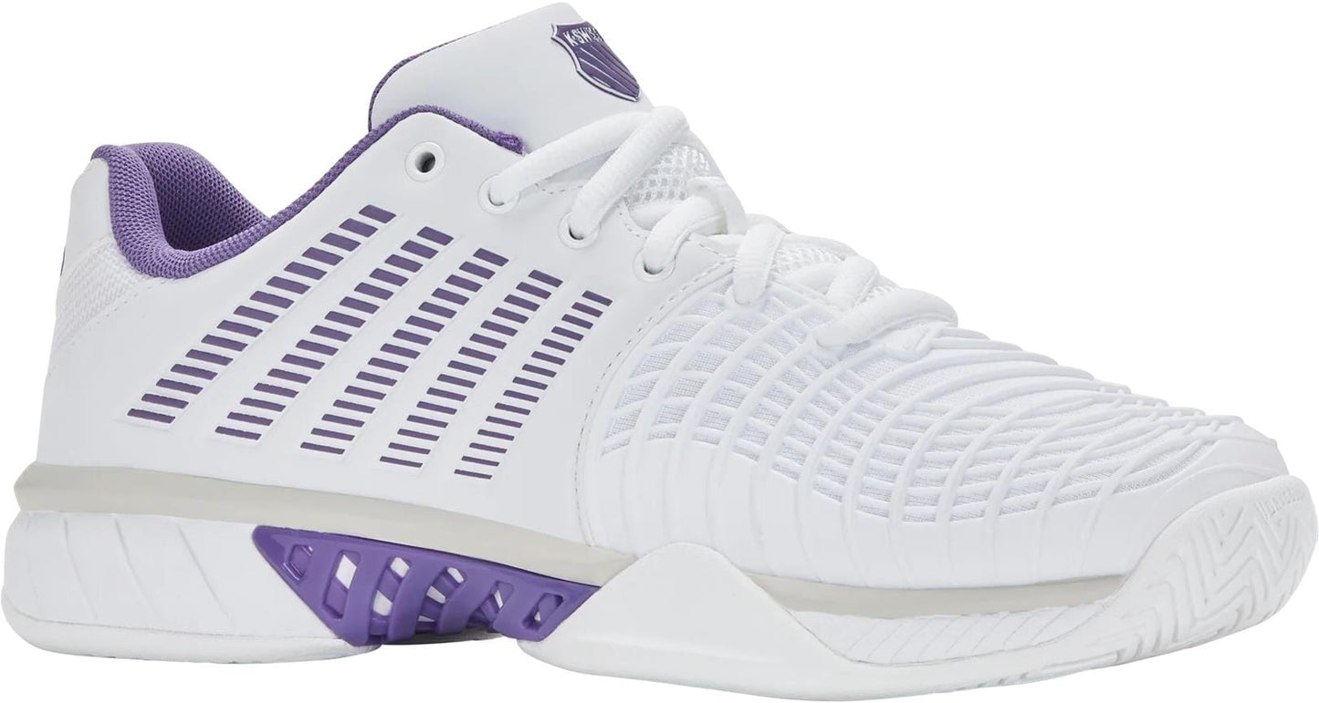 The K-Swiss Express Light 3 Women’s Tennis Shoes in White/Purple Haze/Lunar Rock feature a textured design, cushioned sole, white laces, low-cut ankle, and lightweight feel with purple accents and lining for added style and comfort.