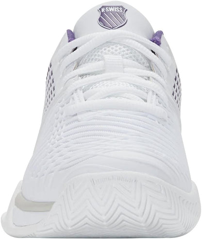 Front view of the K-Swiss Express Light 3 Womens Tennis Shoes in White/Purple Haze/Lunar Rock, showcasing textured sole, laces, and the K-Swiss tongue logo. These lightweight shoes deliver stylish support for every match.