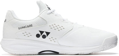 The Yonex Power Cushion Sonicage Wide Unisex Tennis Shoes in white are durable, lightweight, and breathable tennis shoes with a textured sole, featuring the Yonex logo and "SONICAGE" printed on the upper.