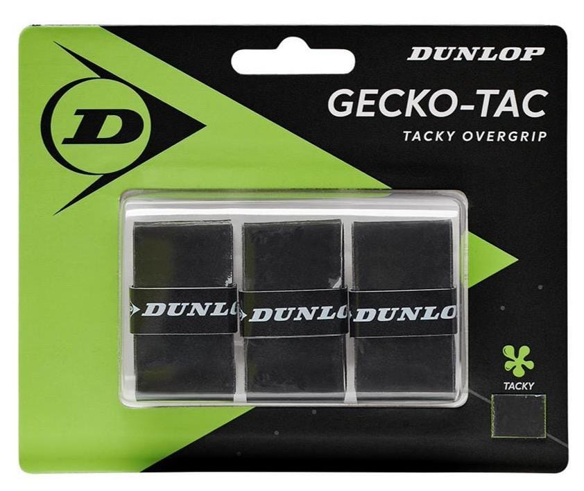 Packaging for the Dunlop Gecko-Tac Tennis Overgrip - 3 Pack, highlighting its tacky surface technology with enhanced control and featuring three black grips and the Dunlop logo, set against a stylish green and black design.