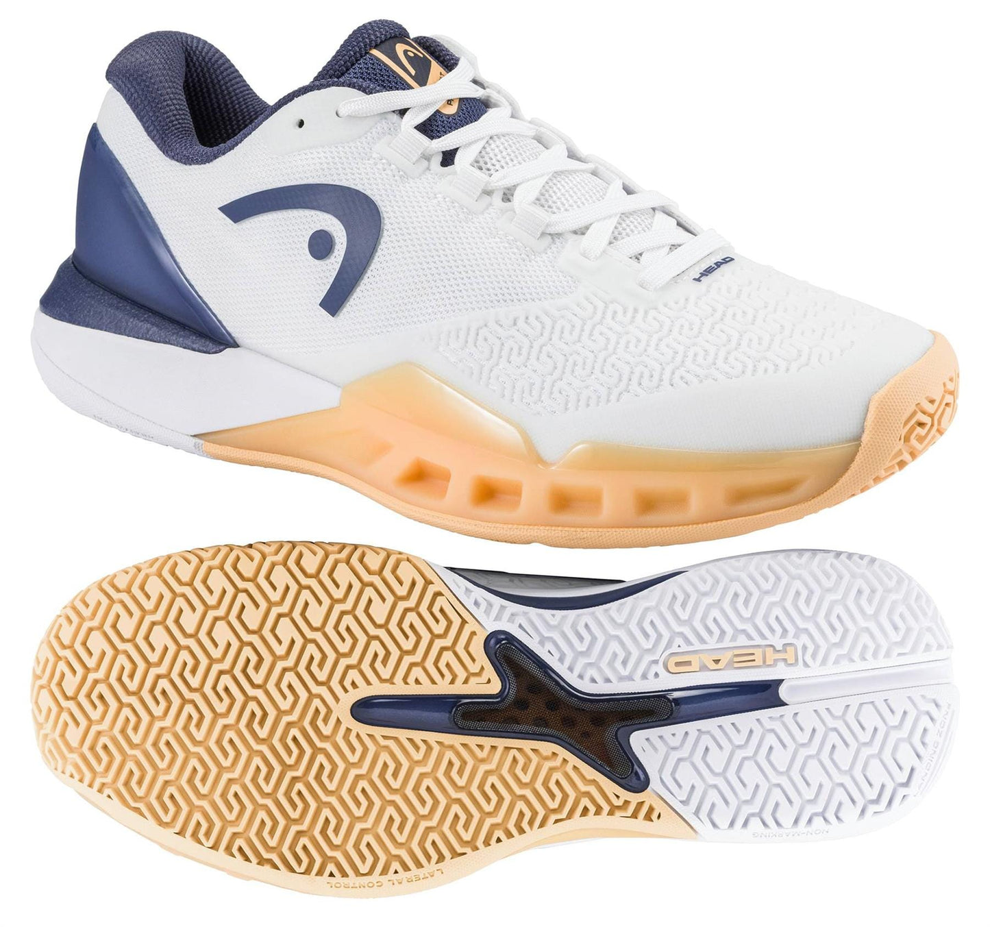 A pair of HEAD Revolt Pro 5.0 Womens Tennis Shoes in White/Apricot with orange soles, shown from the side and bottom. These durable shoes feature a geometric sole pattern and HEAD branding on the side.
