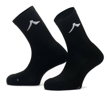 The Kanso Neo Pro Performance Crew Tennis Socks, in sleek black with a white logo, boast built-in cushioning and ventilation for ultimate comfort and performance. Displayed against a crisp white backdrop, these socks exemplify modern design from the Kanso brand.