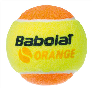 A Babolat Initiation Stage 2 Tennis Ball from the Orange (3 Ball Tube), ideal for training children aged 8-9, displays the word "ORANGE" along with a stylized logo on its yellow and orange surface.