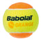 A Babolat Initiation Stage 2 Tennis Ball from the Orange (3 Ball Tube), ideal for training children aged 8-9, displays the word "ORANGE" along with a stylized logo on its yellow and orange surface.