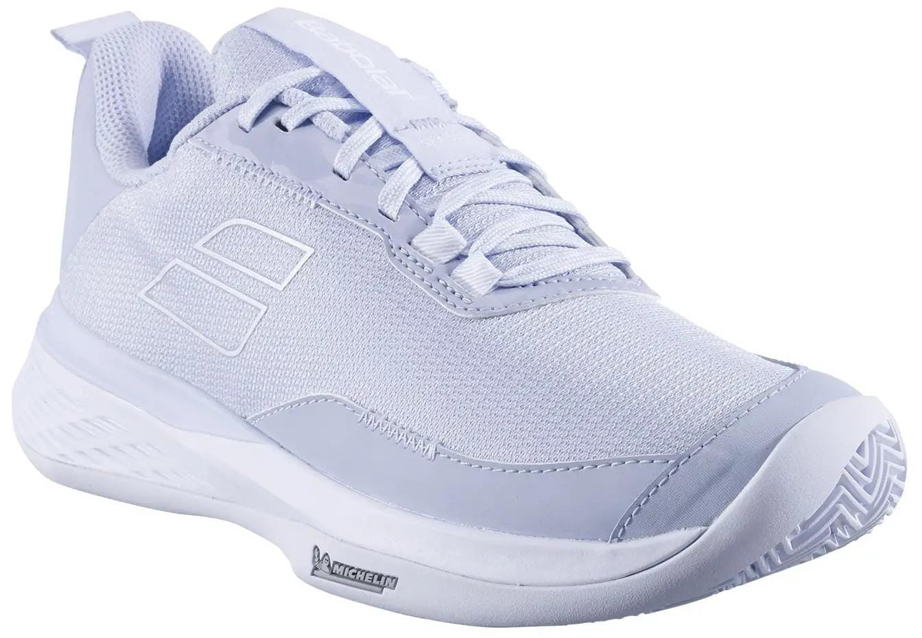 The Babolat SFX Evo Carpet Women's Tennis Shoes in Xenon Blue/White feature mesh fabric, synthetic overlays, lace-up front, and a textured Michelin rubber sole with the Michelin logo on the side.