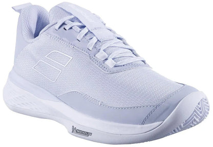 The Babolat SFX Evo Carpet Women's Tennis Shoes in Xenon Blue/White feature mesh fabric, synthetic overlays, lace-up front, and a textured Michelin rubber sole with the Michelin logo on the side.