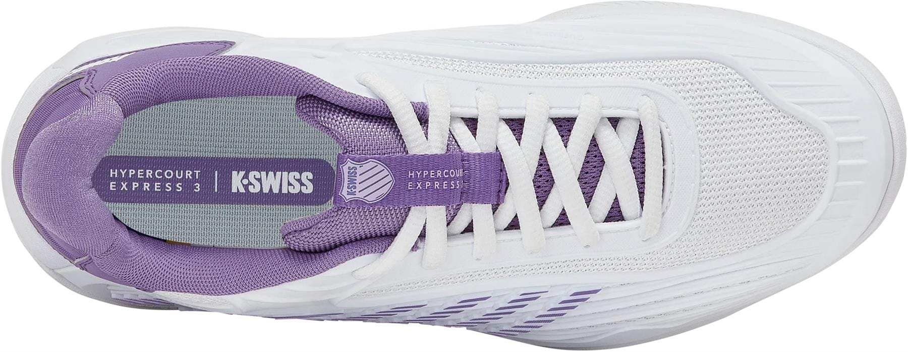 Top view of the K-Swiss Hypercourt Express 3 Women's Tennis Shoes in White/Purple Haze/Lunar Rock, featuring a mesh upper, white laces, gray insole with brand and model, plus a lightweight Surgelite+ midsole for comfort.